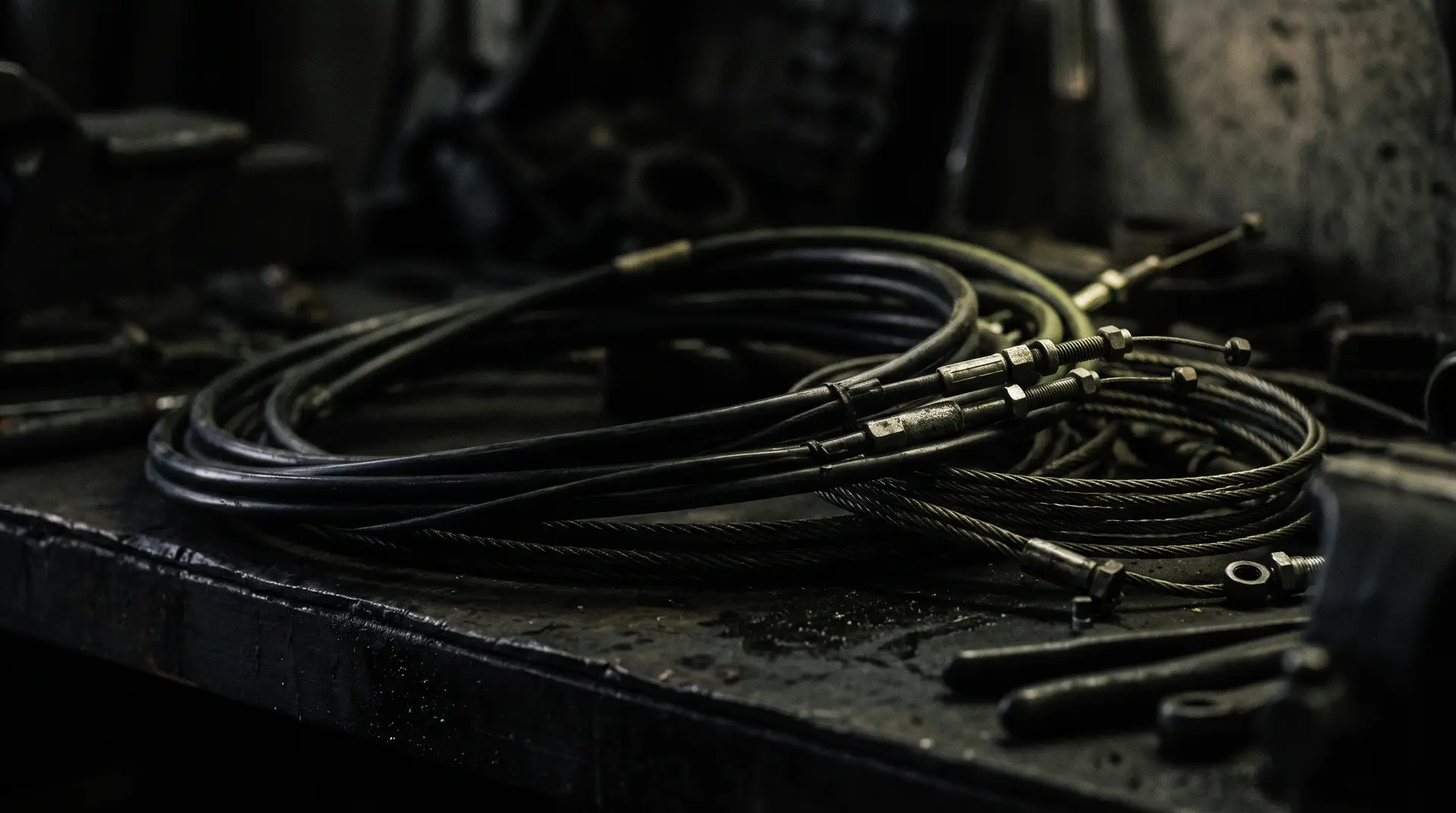 Rollos de cables de control con sus terminales metálicos sobre una mesa de trabajo en penumbra